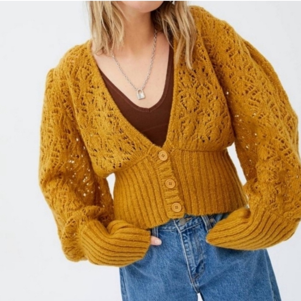 Mustard Lace Knit Button-Front Women's Sweater Cardigan